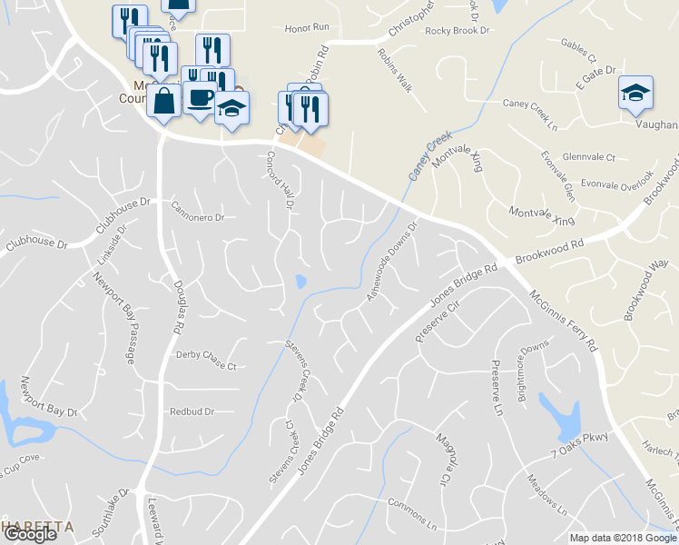 map of restaurants, bars, coffee shops, grocery stores, and more near 5435 Vicarage Walk in Alpharetta