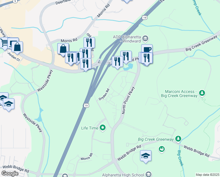map of restaurants, bars, coffee shops, grocery stores, and more near 335 Beacons Place in Alpharetta