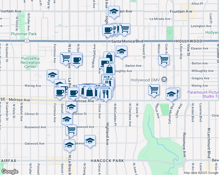 map of restaurants, bars, coffee shops, grocery stores, and more near 732 North Highland Avenue in Los Angeles