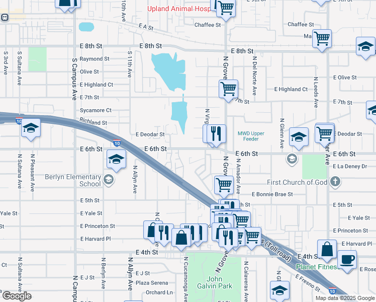 map of restaurants, bars, coffee shops, grocery stores, and more near 1116 East 6th Street in Ontario