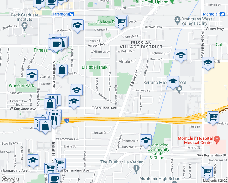 map of restaurants, bars, coffee shops, grocery stores, and more near 587 Sycamore Avenue in Claremont