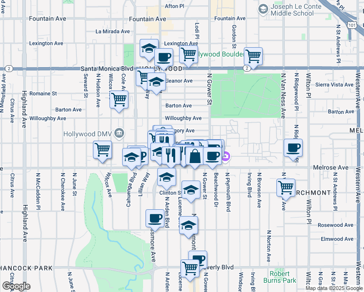map of restaurants, bars, coffee shops, grocery stores, and more near 5806 Waring Avenue in Los Angeles