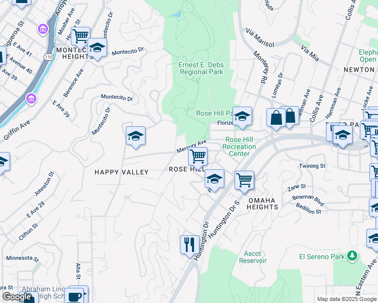 map of restaurants, bars, coffee shops, grocery stores, and more near 3427 Amethyst Street in Los Angeles