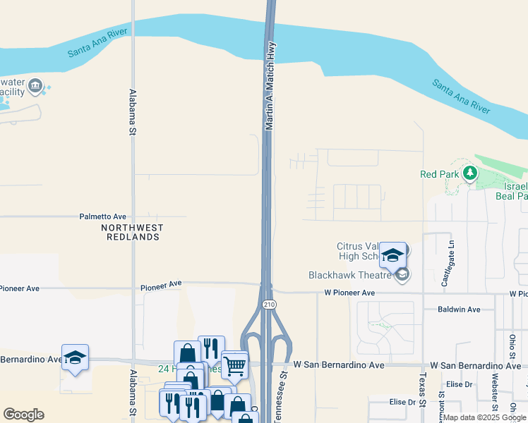 map of restaurants, bars, coffee shops, grocery stores, and more near Martin A. Matich Highway in Redlands