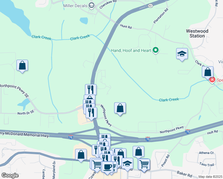 map of restaurants, bars, coffee shops, grocery stores, and more near 1260 Highway 92 in Acworth