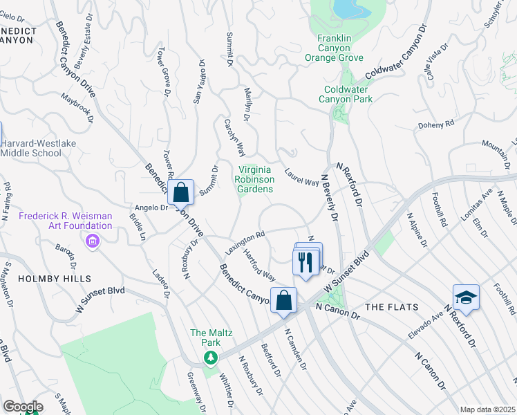 map of restaurants, bars, coffee shops, grocery stores, and more near 1018 North Crescent Drive in Beverly Hills