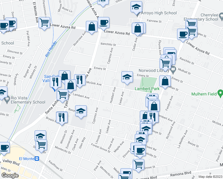 map of restaurants, bars, coffee shops, grocery stores, and more near 11136 Mc Girk Avenue in El Monte