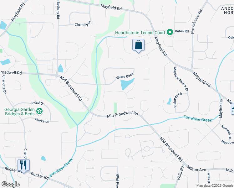 map of restaurants, bars, coffee shops, grocery stores, and more near 1545 Briers Chute in Alpharetta