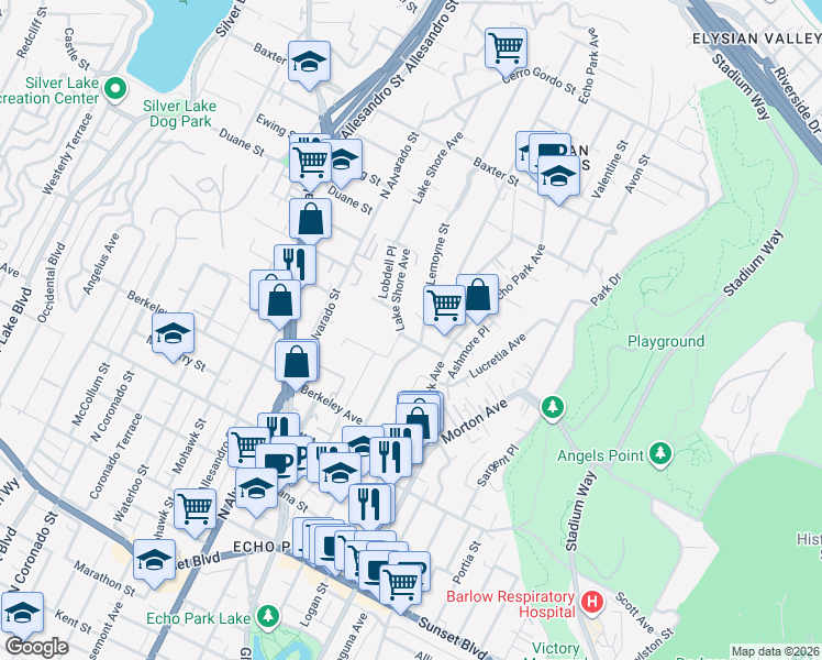 map of restaurants, bars, coffee shops, grocery stores, and more near 1812 Effie Street in Los Angeles