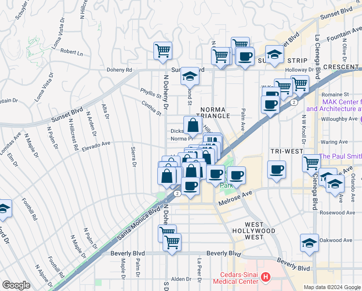 map of restaurants, bars, coffee shops, grocery stores, and more near 9031 Elevado Avenue in West Hollywood