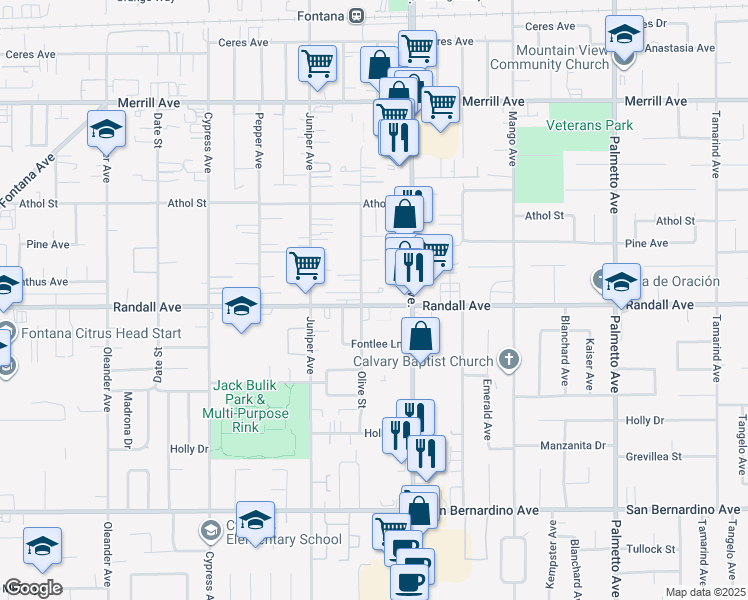 map of restaurants, bars, coffee shops, grocery stores, and more near 16822 Randall Avenue in Fontana