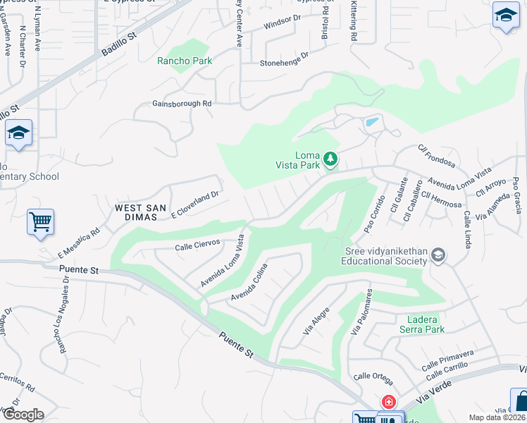map of restaurants, bars, coffee shops, grocery stores, and more near 1345 Paseo Placita in San Dimas