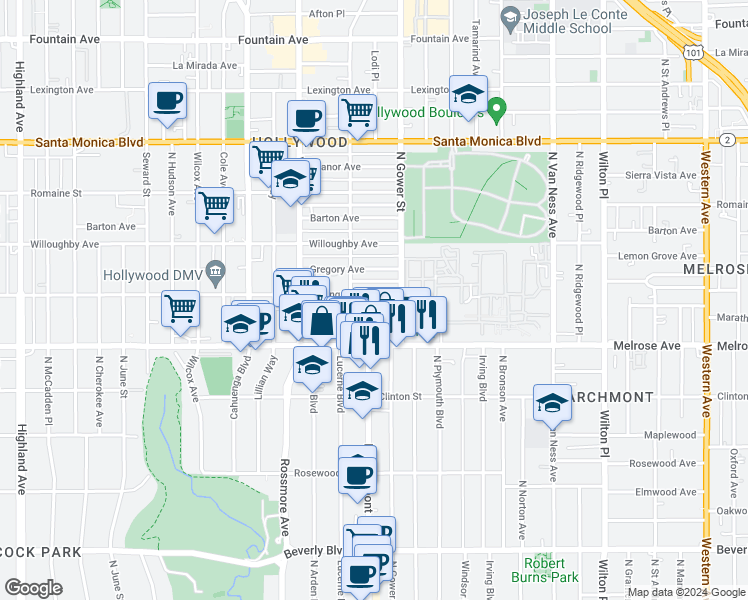 map of restaurants, bars, coffee shops, grocery stores, and more near 5732 Waring Avenue in Los Angeles