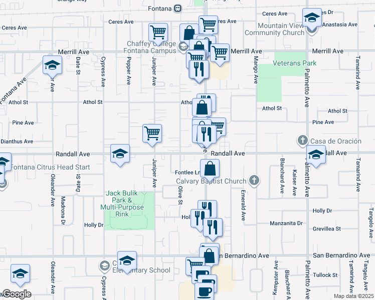 map of restaurants, bars, coffee shops, grocery stores, and more near 9328 Olive Street in Fontana