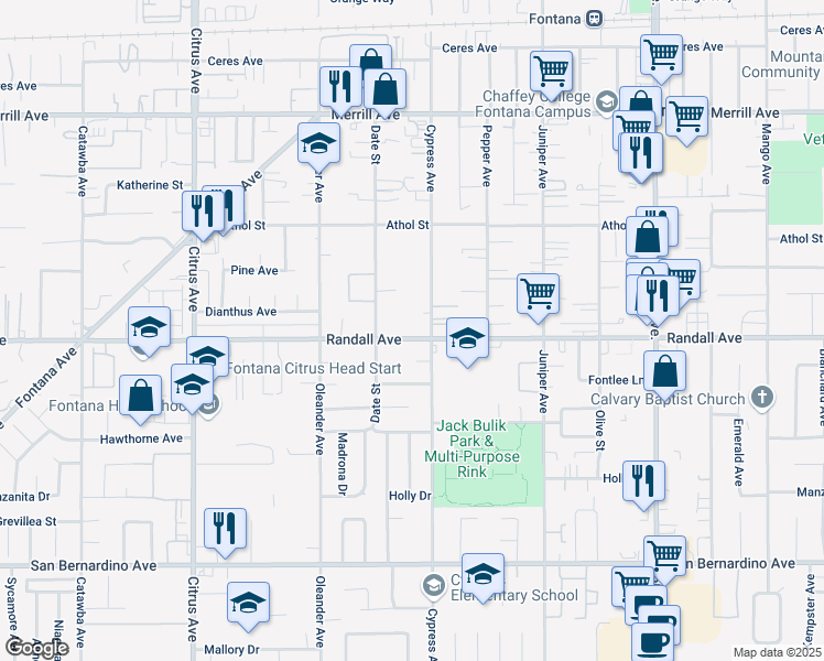 map of restaurants, bars, coffee shops, grocery stores, and more near 16453 Randall Avenue in Fontana