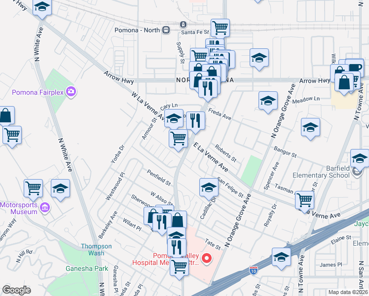 map of restaurants, bars, coffee shops, grocery stores, and more near 2072 North Garey Avenue in Pomona