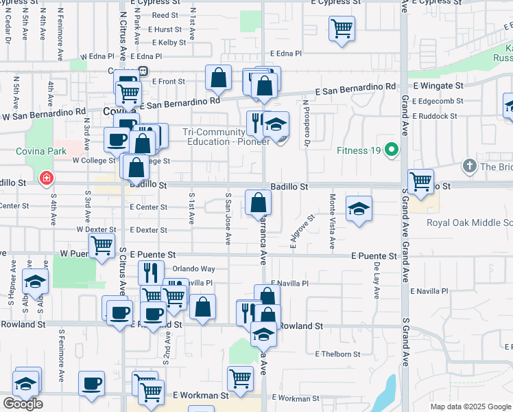 map of restaurants, bars, coffee shops, grocery stores, and more near 460 East Algrove Street in Covina