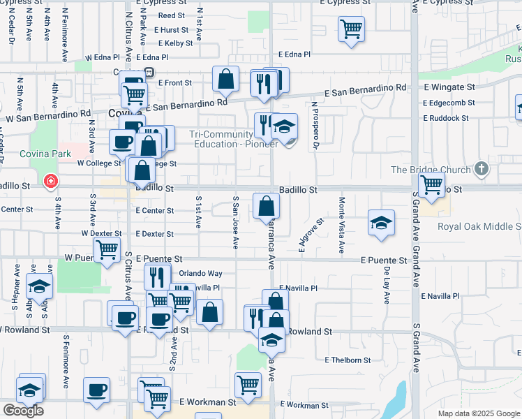 map of restaurants, bars, coffee shops, grocery stores, and more near 460 East Algrove Street in Covina