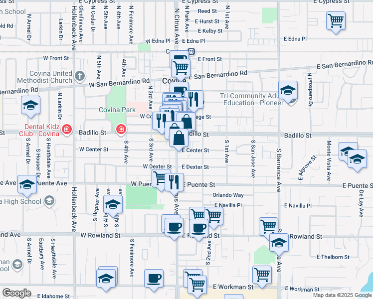 map of restaurants, bars, coffee shops, grocery stores, and more near 126 East Center Street in Covina