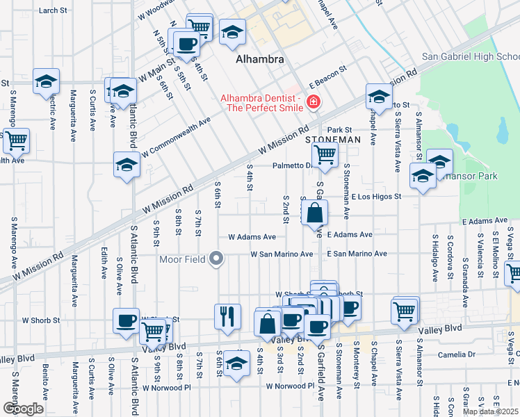 map of restaurants, bars, coffee shops, grocery stores, and more near 302 West Linda Vista Avenue in Alhambra