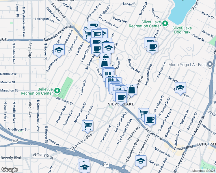 map of restaurants, bars, coffee shops, grocery stores, and more near 3110 Sunset Boulevard in Los Angeles