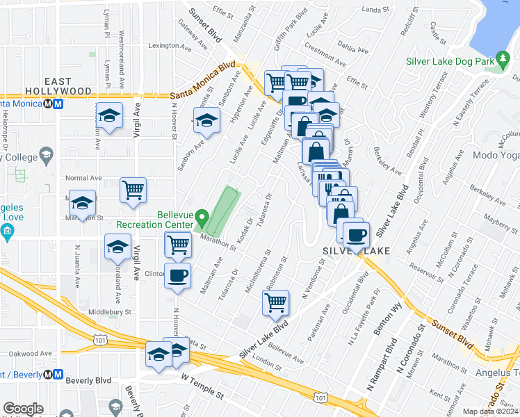map of restaurants, bars, coffee shops, grocery stores, and more near 908 Kodak Drive in Los Angeles