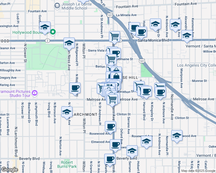 map of restaurants, bars, coffee shops, grocery stores, and more near 743 North Western Avenue in Los Angeles