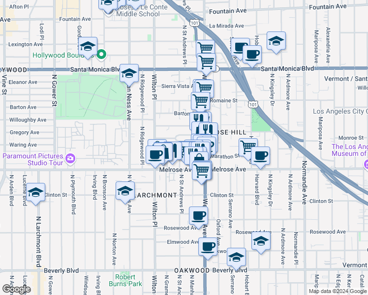 map of restaurants, bars, coffee shops, grocery stores, and more near 740 Saint Andrews Place in Los Angeles