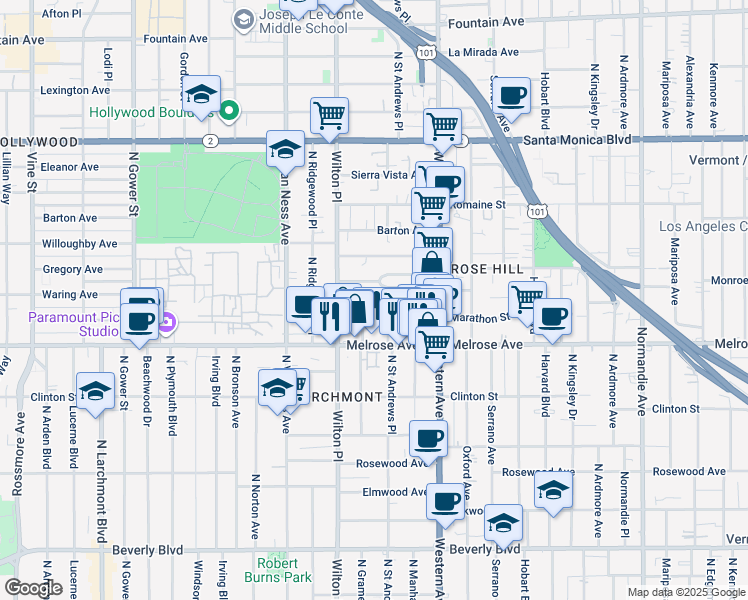 map of restaurants, bars, coffee shops, grocery stores, and more near 733 North Gramercy Place in Los Angeles