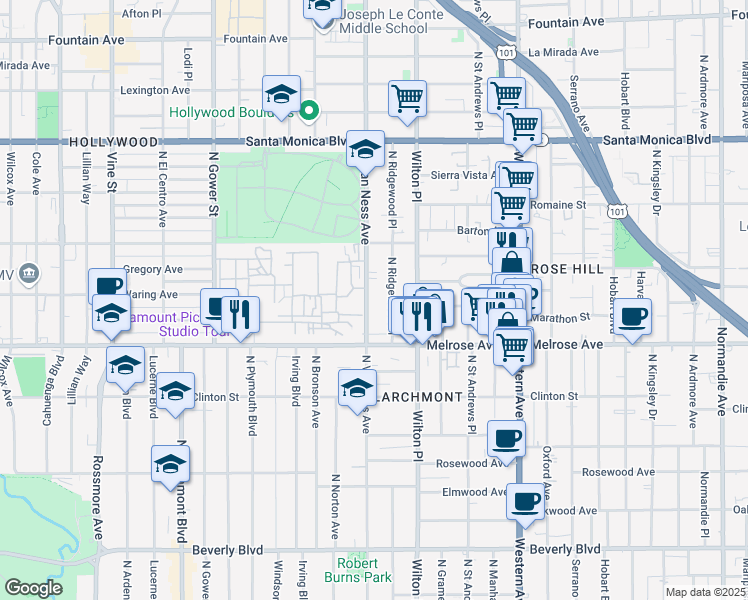 map of restaurants, bars, coffee shops, grocery stores, and more near 732 North Van Ness Avenue in Los Angeles