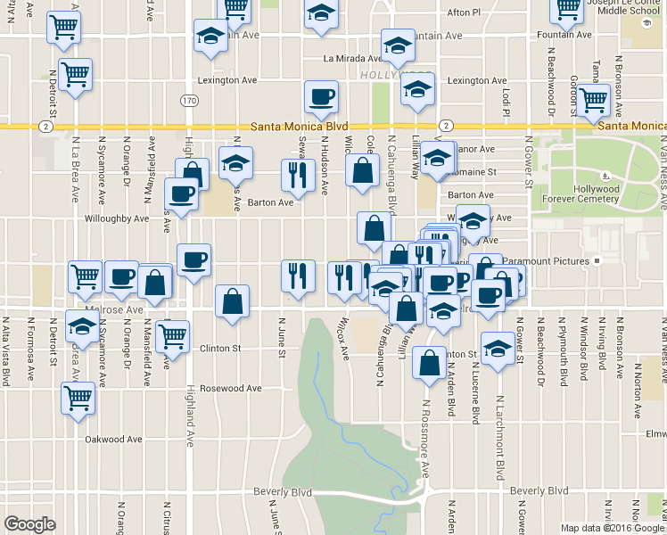map of restaurants, bars, coffee shops, grocery stores, and more near 733 North Hudson Avenue in Los Angeles