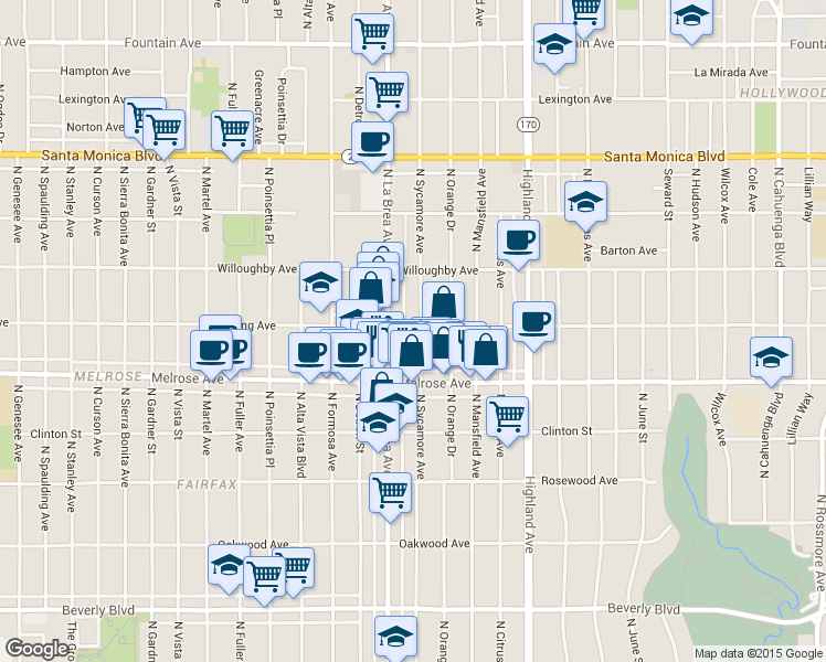 map of restaurants, bars, coffee shops, grocery stores, and more near 732 North Sycamore Avenue in Los Angeles