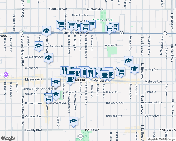 map of restaurants, bars, coffee shops, grocery stores, and more near 727 North Sierra Bonita Avenue in Los Angeles