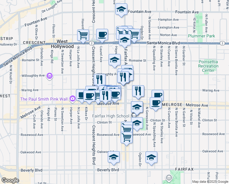 map of restaurants, bars, coffee shops, grocery stores, and more near 720 North Edinburgh Avenue in Los Angeles