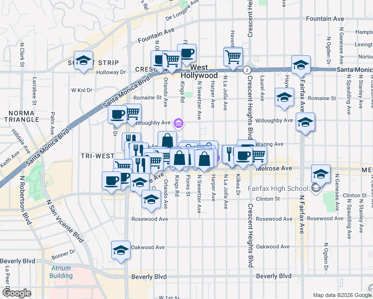 map of restaurants, bars, coffee shops, grocery stores, and more near 740 North Kings Road in Los Angeles