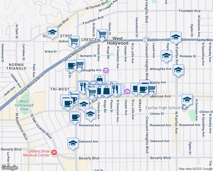 map of restaurants, bars, coffee shops, grocery stores, and more near 732 North Orlando Avenue in Los Angeles
