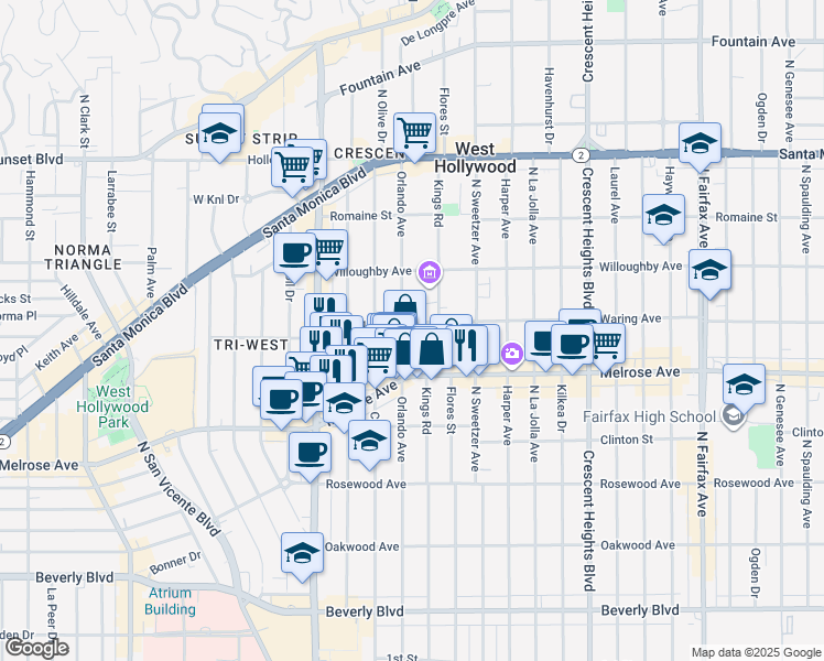 map of restaurants, bars, coffee shops, grocery stores, and more near 732 North Orlando Avenue in Los Angeles