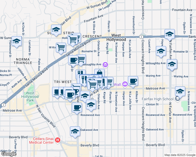 map of restaurants, bars, coffee shops, grocery stores, and more near 730 1/2 North Croft Avenue in West Hollywood