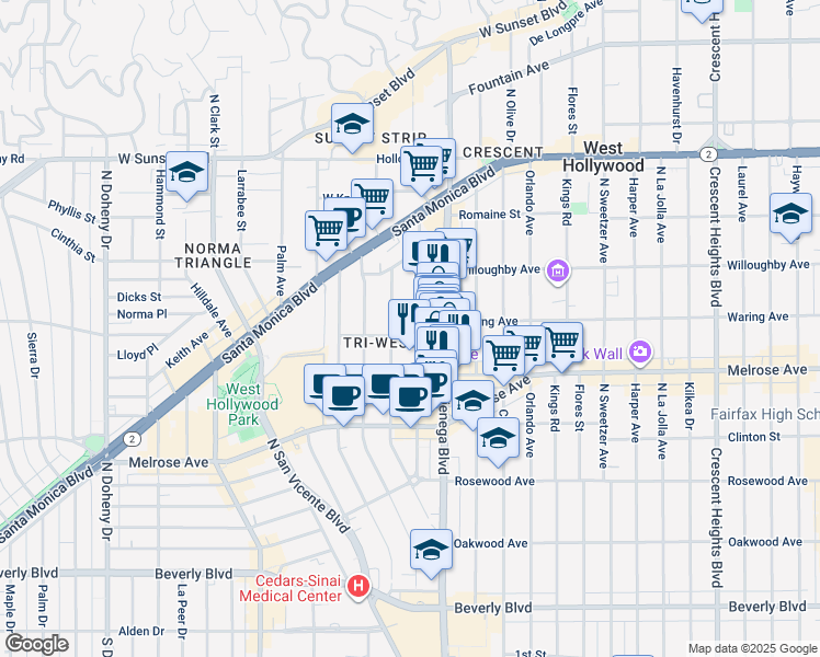 map of restaurants, bars, coffee shops, grocery stores, and more near 801 Westmount Drive in West Hollywood