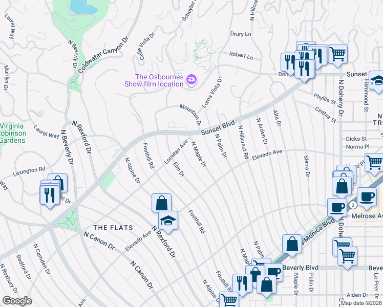 map of restaurants, bars, coffee shops, grocery stores, and more near 717 North Maple Drive in Beverly Hills