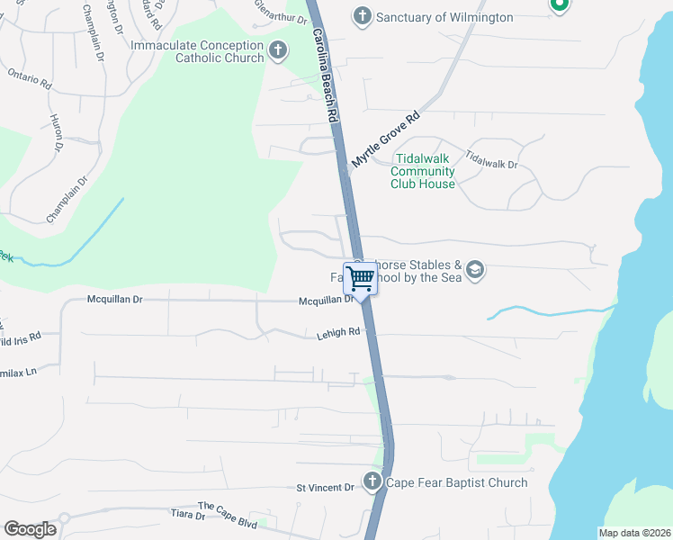 map of restaurants, bars, coffee shops, grocery stores, and more near 116 Mcquillan Drive in Wilmington