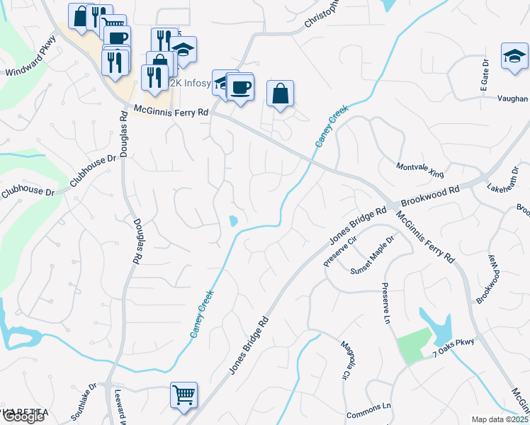 map of restaurants, bars, coffee shops, grocery stores, and more near 5435 Vicarage Walk in Alpharetta