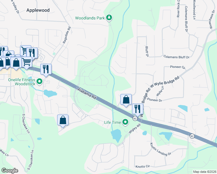 map of restaurants, bars, coffee shops, grocery stores, and more near 505 Oxeye Drive in Woodstock