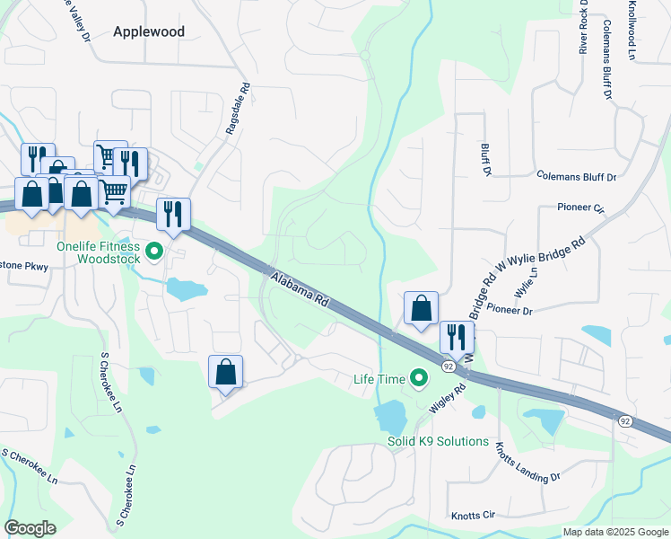 map of restaurants, bars, coffee shops, grocery stores, and more near 315 Balaban Circle in Woodstock