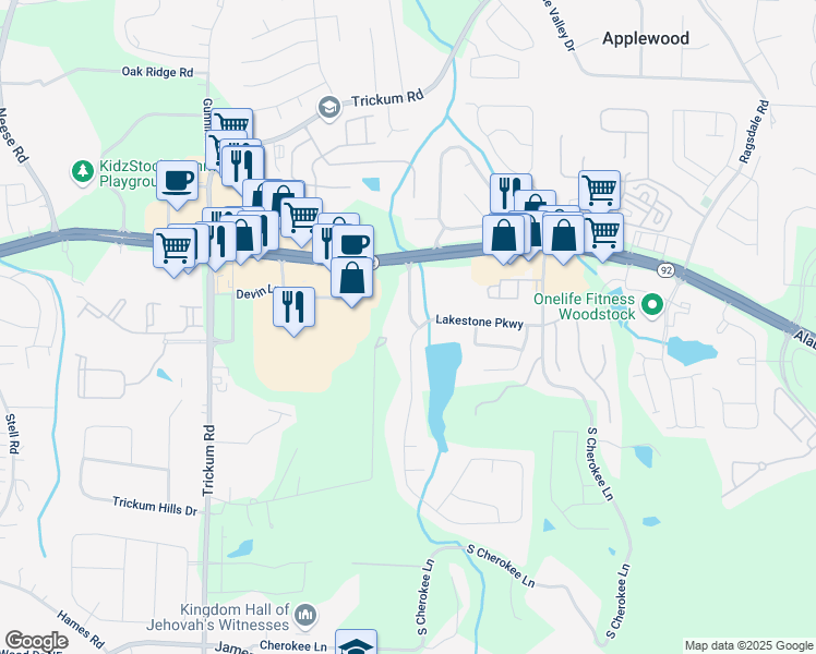 map of restaurants, bars, coffee shops, grocery stores, and more near 138 Lakestone Parkway in Woodstock