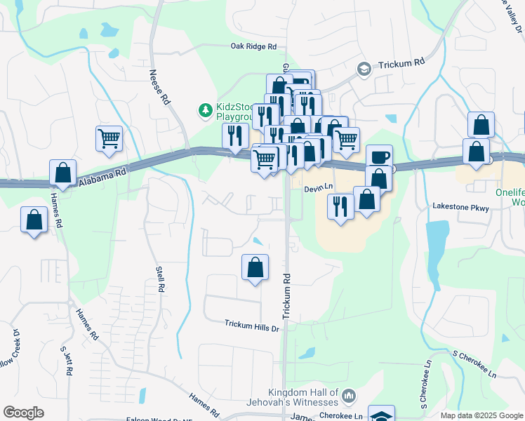 map of restaurants, bars, coffee shops, grocery stores, and more near 27 Trickum Road in Woodstock