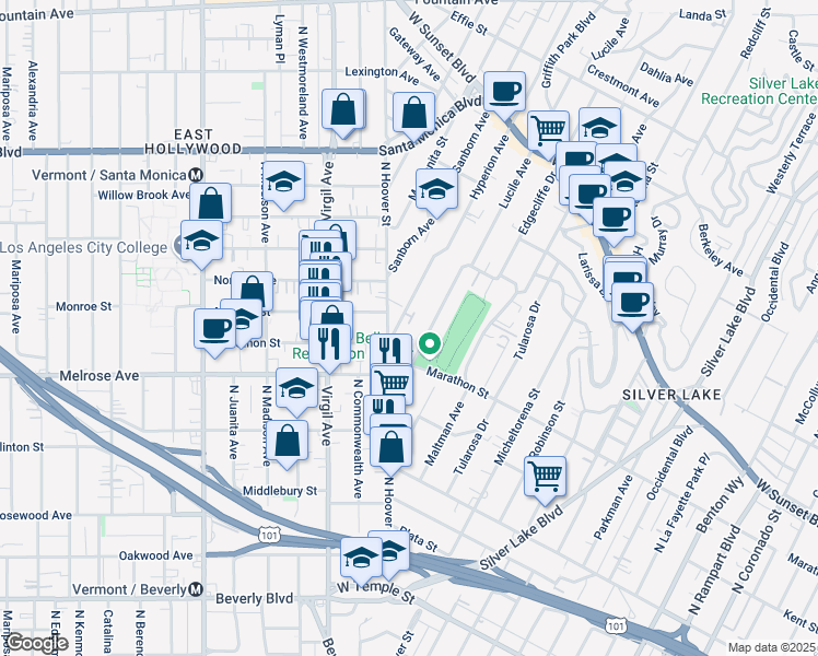 map of restaurants, bars, coffee shops, grocery stores, and more near 734 Hyperion Avenue in Los Angeles
