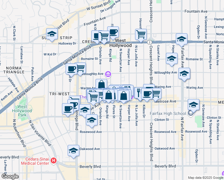 map of restaurants, bars, coffee shops, grocery stores, and more near 750 North Kings Road in Los Angeles