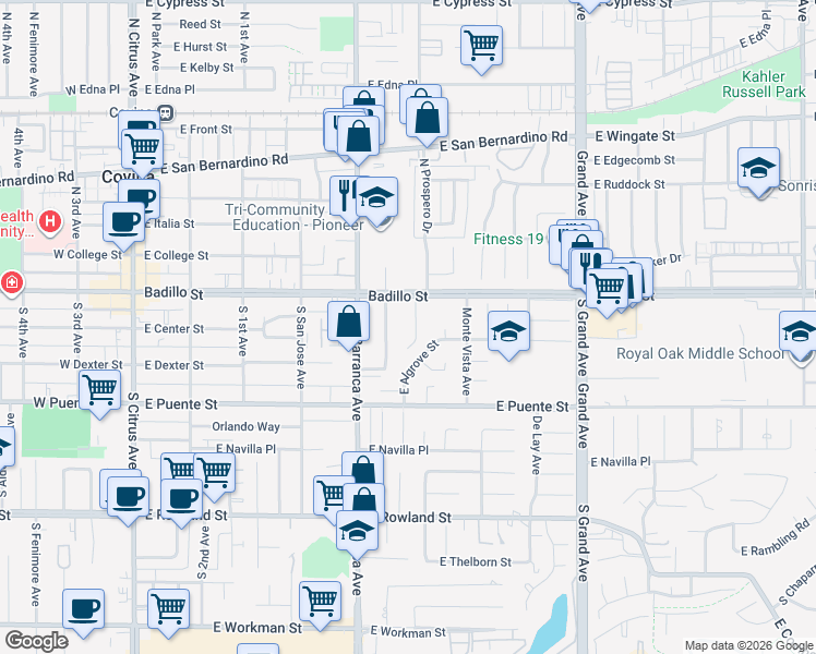 map of restaurants, bars, coffee shops, grocery stores, and more near 109 South Grandview Avenue in Covina