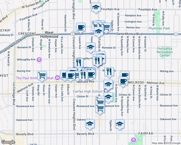 map of restaurants, bars, coffee shops, grocery stores, and more near 720 North Edinburgh Avenue in Los Angeles